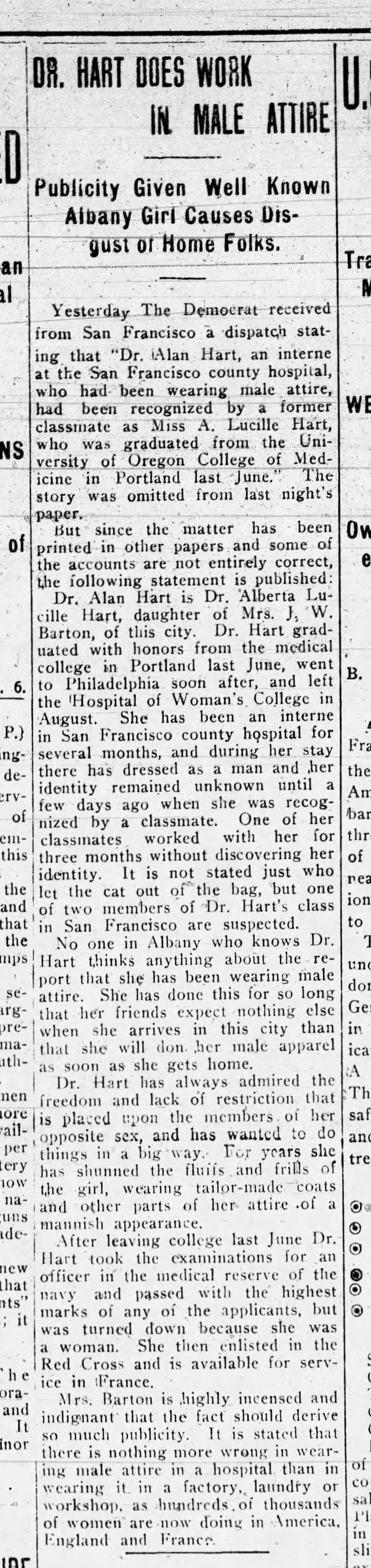 Dr. Hart Does work in Male Attire – Albany Democrat Feb 8, 1918.