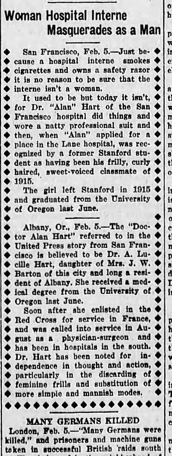 Woman Hospital Interne Masquerades as a Man from Eugene Guard, Eugene, Oregon, Feb. 5, 1918.
