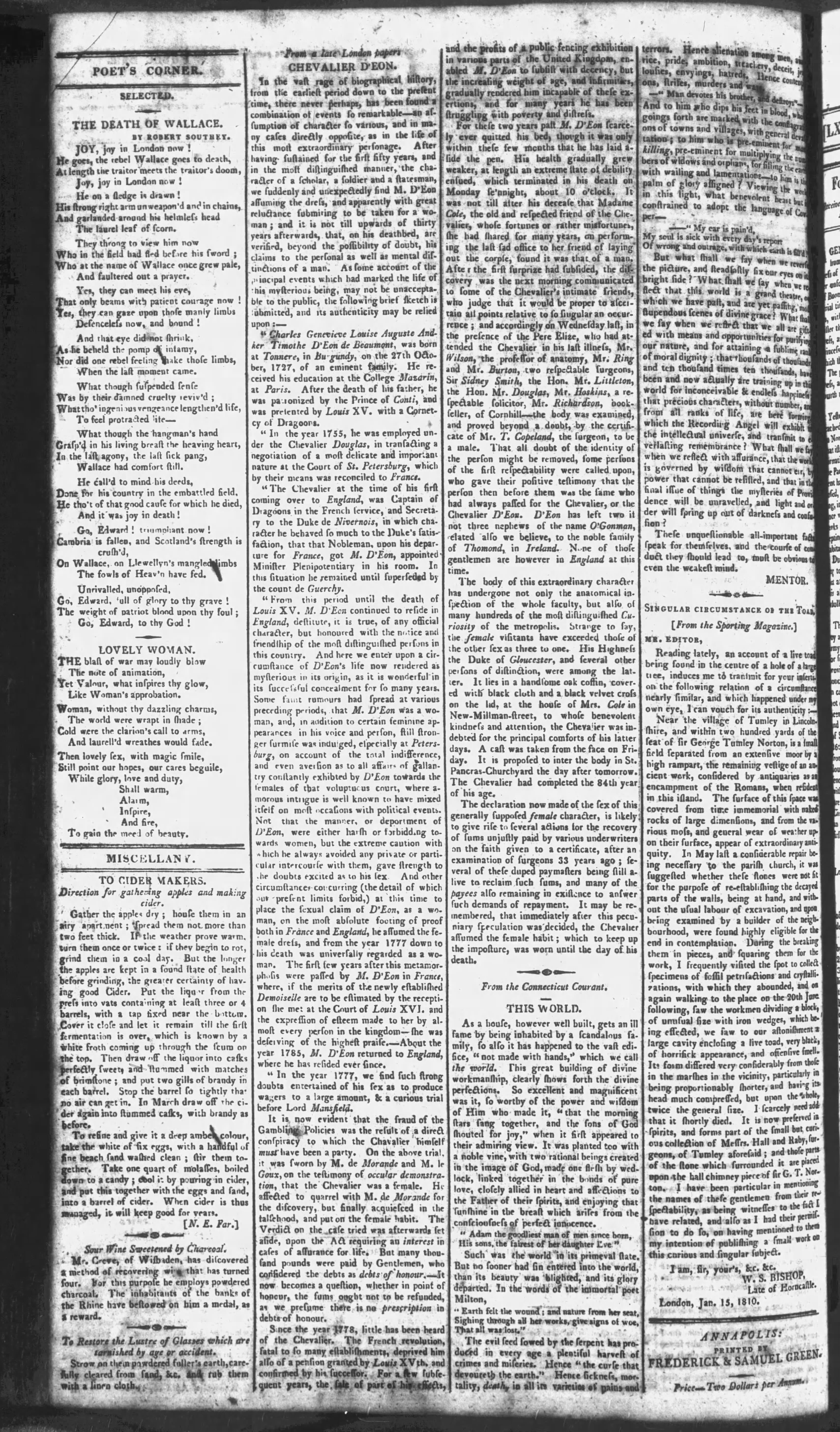 From a late London Papers Chevalier d’Eon article from Maryland Gazette May 29, 1810