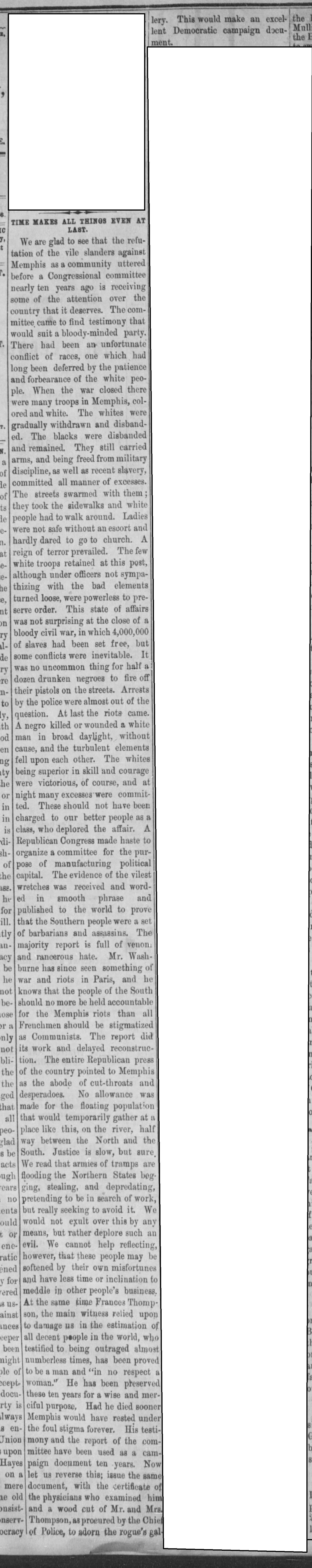 Time Makes All Things Even At Last from Public Ledger, Memphis, July 19, 1876