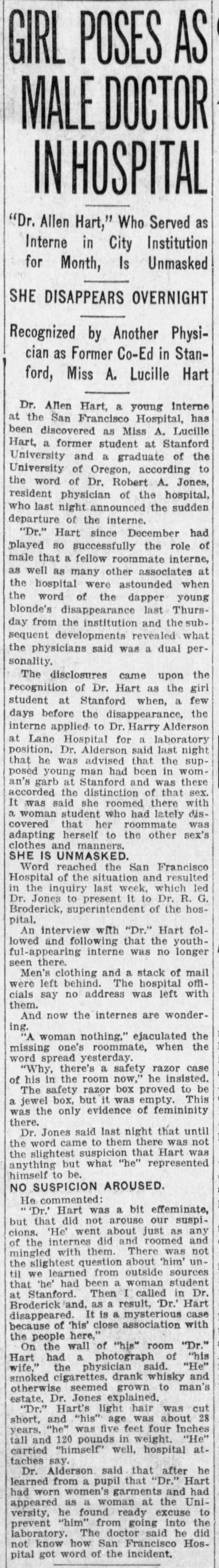 Girl Poses as Male Doctor in Hospital from San Francisco Examiner, San Francisco, California, February 5, 1918. 