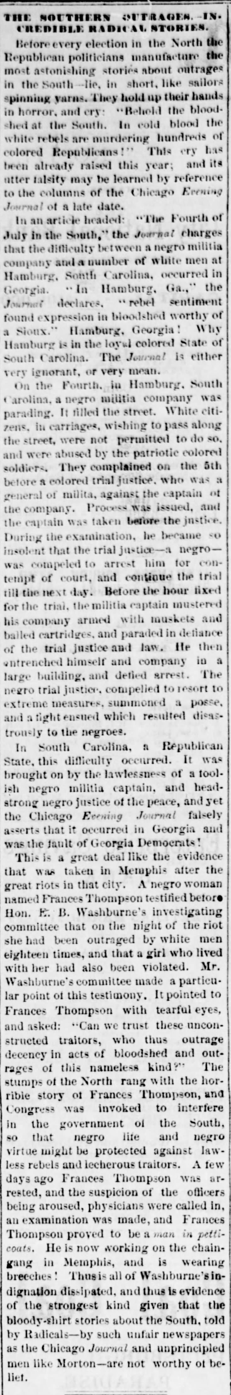 The Southern Outrages. – Incredible Radical Stories from The Cairo Bulletin on July 19, 1876