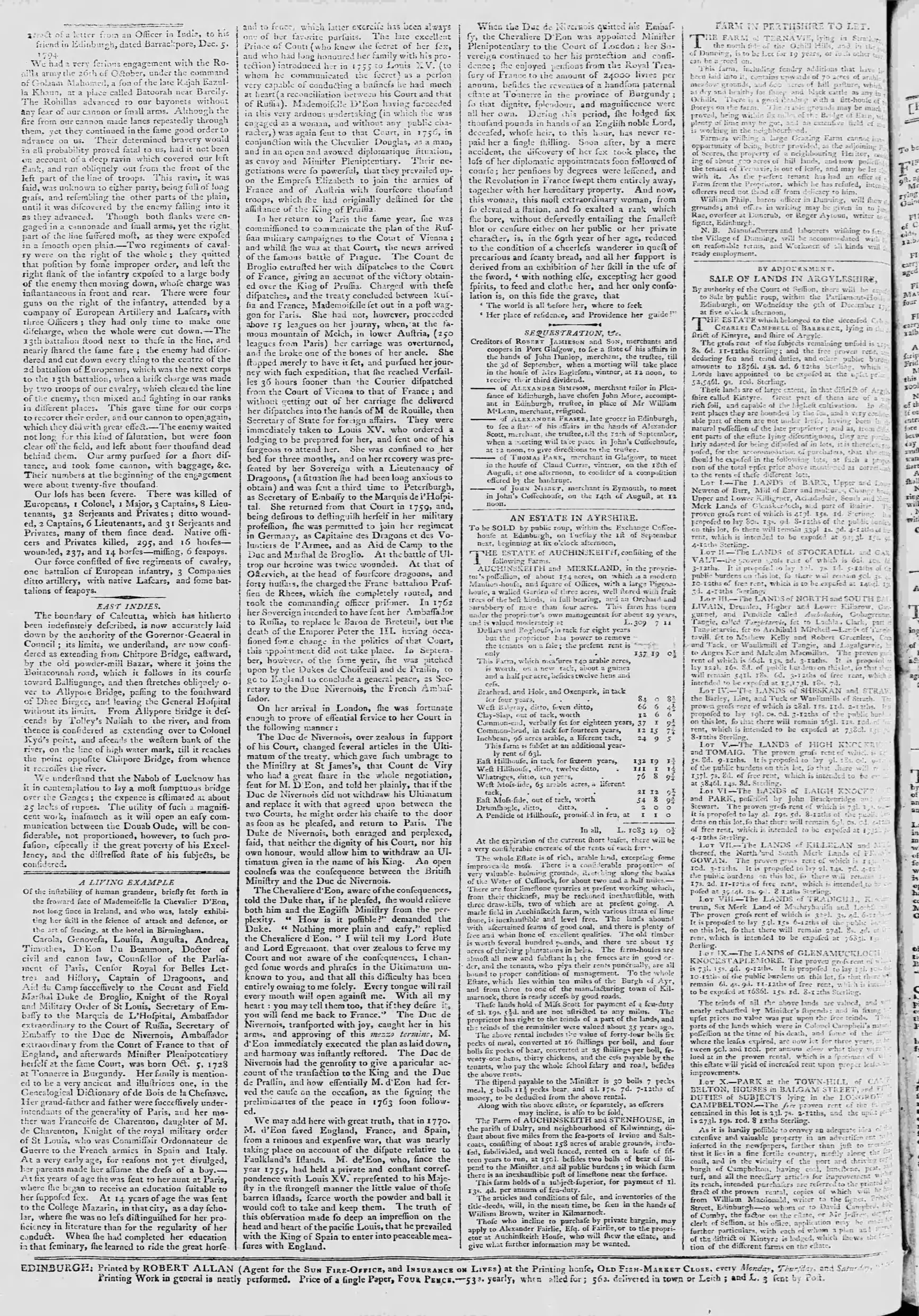 page from The Caledonian Mercury on Aug 10, 1795 with the A Living Example article on it