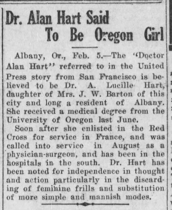 Dr. Alan Hart Said to be Oregon Girl from The Capital Journal – Salem, Oregon February 5, 1918.