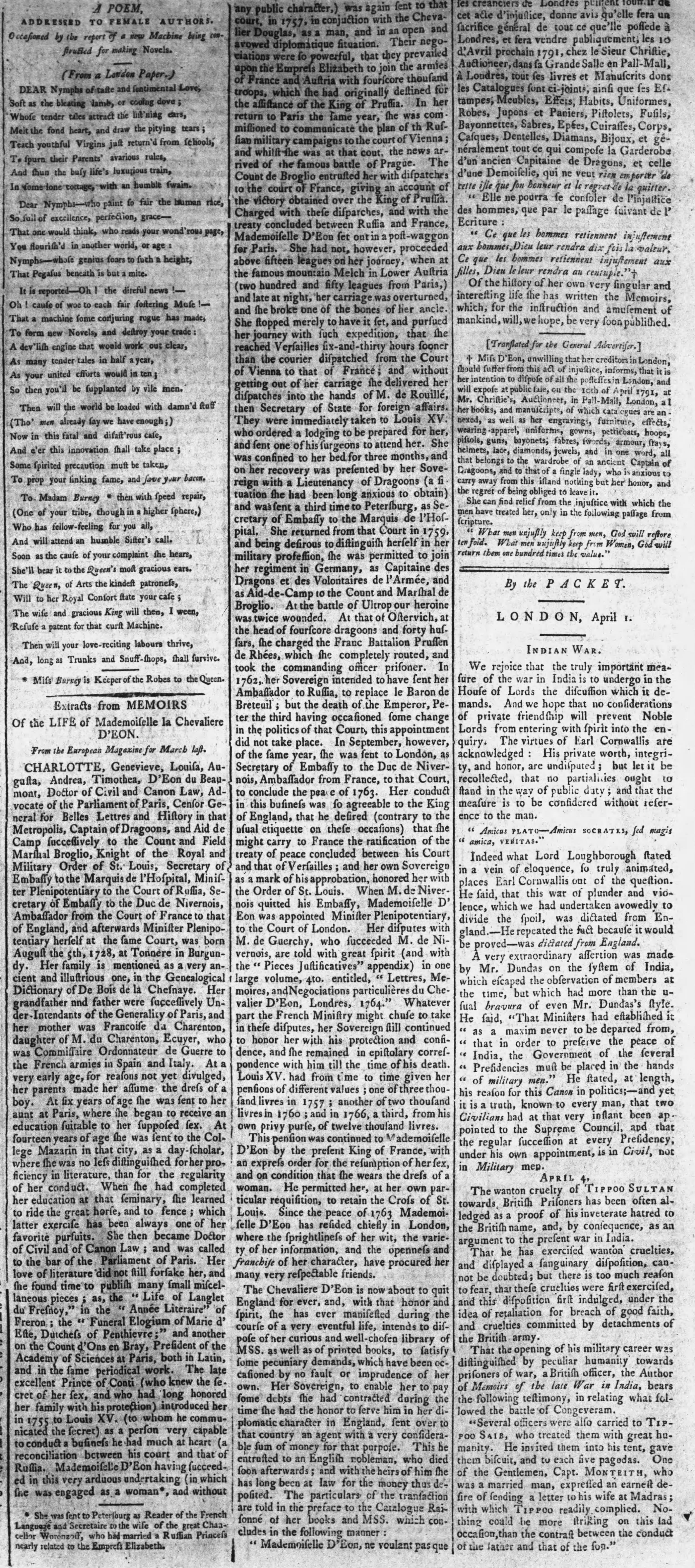 Extracts from Memoirs of the Life of Mademoiselle la Chevaliere d’Eon