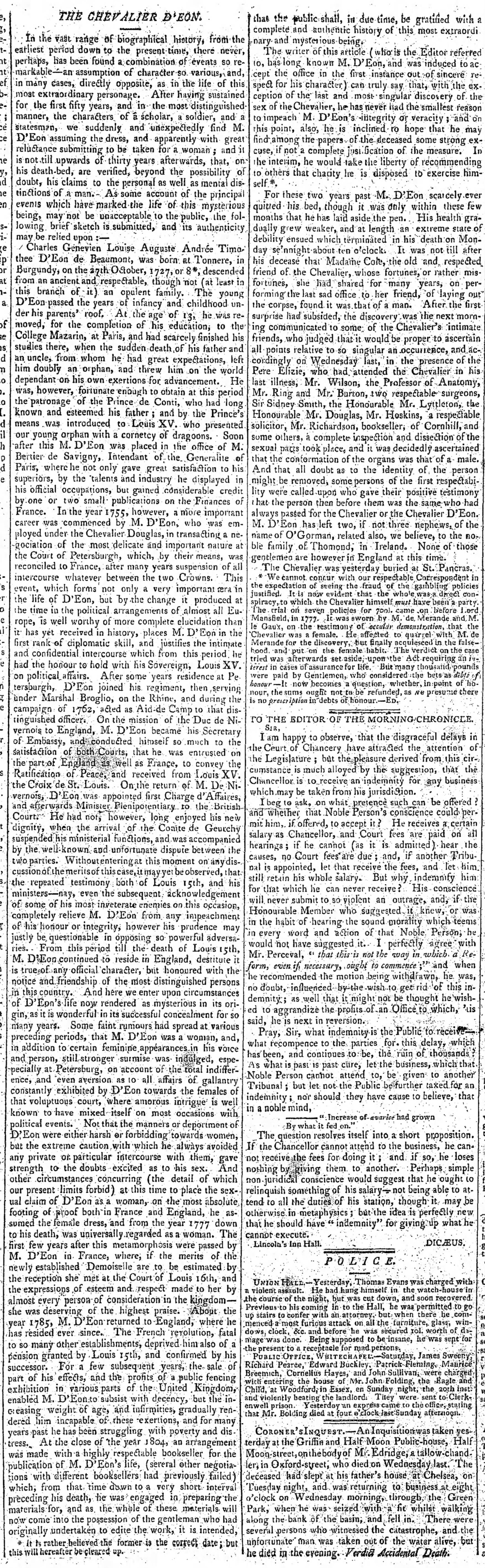 The Chevalier d’Eon article from The Morning Chronicle on May 19, 1810
