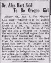 Dr. Alan Hart Said to be Oregon Girl from The Capital Journal – Salem, Oregon February 5, 1918.